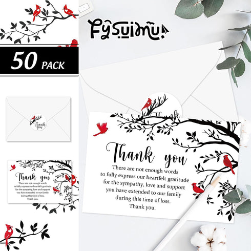 50Pcs FYSUIMU Funeral Thank You Card Cardinal Bird Branch Sympathy Boxed Thank You Card with Sticker Envelope