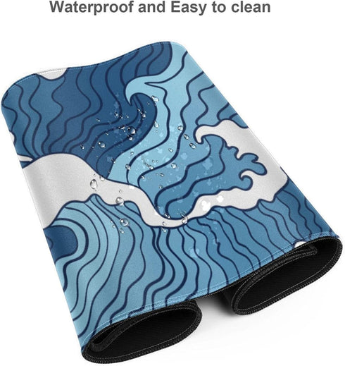 Japanese Blue and White Wave Gaming Mouse Pad XL, Non Slip Rubber Base, Extended Large Desk Pad