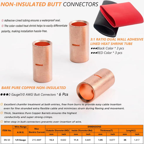 0 Gauge Butt Connector 6 PCS, 0 AWG Non-Insulated Butt Splice Connectors with 6 PCS 3:1 Heat Shrink