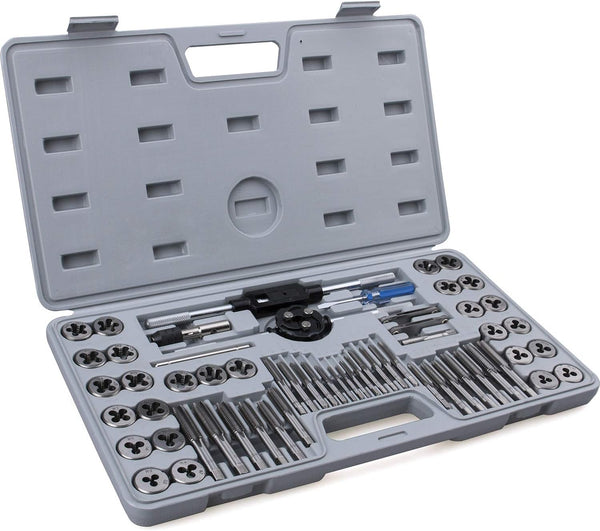 60-Pc Master Tap and Die Set - SAE Inch Size #4 to 1/2” and Metric Size M3 to M12, Complete Tool Kit