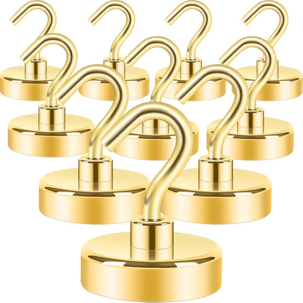 Neosmuk Heavy Duty Magnetic Hooks, Strong Neodymium Magnet with Hook for Fridge, 10 Pack, Golden, Toolbox, Grill.