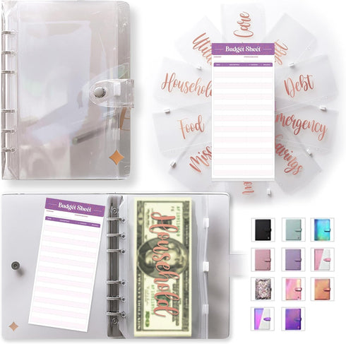 SOUL MAMA Budget Binder with Zipper Envelopes - Clear Money Organizer for Cash, A6 Cash Envelopes, Rose Gold Stickers