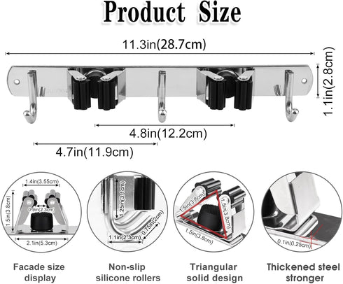 2 Racks and 3 Hooks Broom and Mop Holder Wall Mounted Garage Organizer Storage Tool Racks, Stainless Steel Heavy Duty
