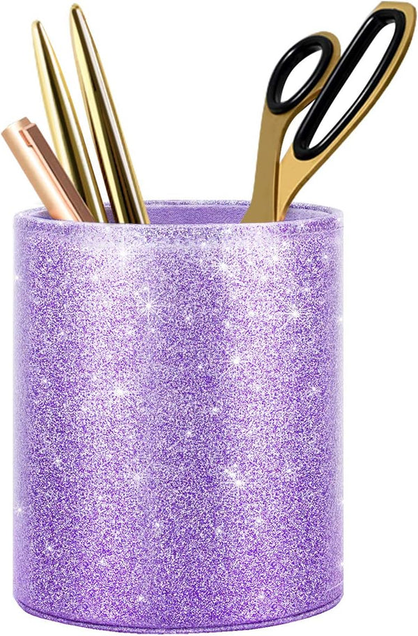WAVEYU Large Pen Holder for Women, Glitter Makeup Brush Organizer Cup, Luxury Purple PU Leather