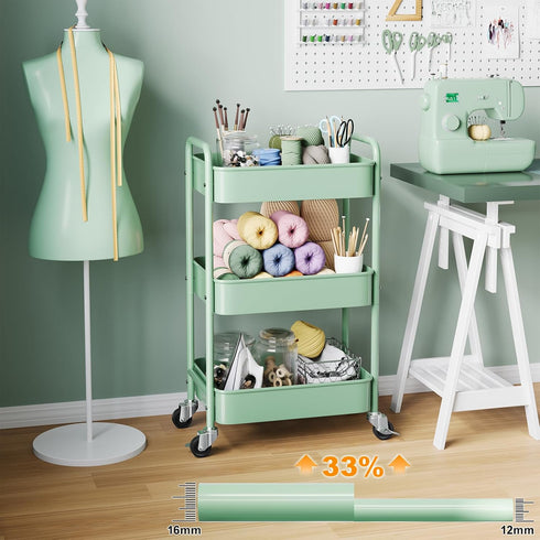 Aofure 3 Tier Rolling Storage Cart Metal with Wheels, Green Baby Diaper Caddy Carts, Three Tiered Craft Cart Organizer