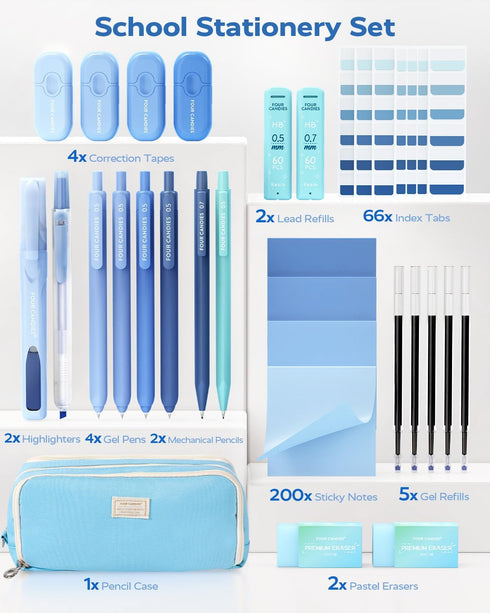 Four Candies Blue School Supplies, Gel Pens with Black Ink, Correction Tapes,Pastel Highlighters, Mechanical Pencils