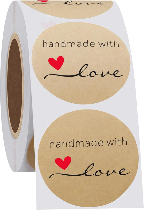 Hybsk Kraft Handmade with Love Stickers - 1.5" Round, 500 Adhesive Labels Per Roll