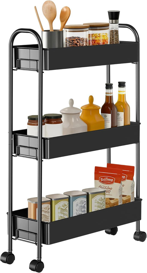ZXICEU Slim Rolling Cart, Metal Frame Utility Rolling 3-Tier Narrow Storage Cart with