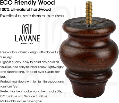 La Vane 3.5 Inch 9cm 4PCS M8 / Classic Bun Feet, Solid Wood Furniture Legs with Bolt & Mounting Plates, Small Size