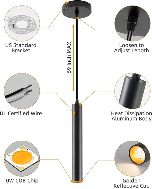 10W Dimmable Counter, 4000K, Pack 1 Modern LED Pendant Light, Ceiling Hanging Spotlight Fixture Black Minimalist