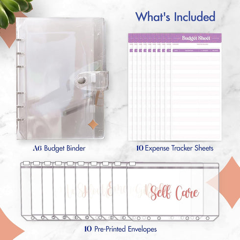 SOUL MAMA Budget Binder with Zipper Envelopes - Clear Money Organizer for Cash, A6 Cash Envelopes, Rose Gold Stickers