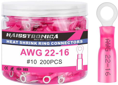 haisstronica 200PCS Heat Shrink Ring Terminals #10 Marine Grade Wire Connectors, Tinned Red Copper