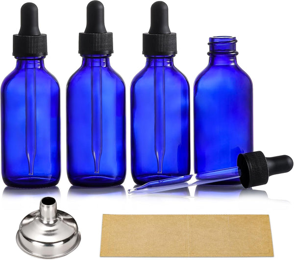 AOZITA 4 Pack 2 oz Dropper Bottles with 1 Funnel & 4 Labels - Thick Dark Blue Glass Tincture Bottles with Eye Droppers