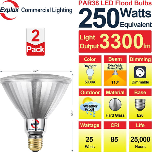 Explux 250 Watt Equivalent PAR38 LED Flood Light Bulbs, Super Bright 3300 Lumens, Dimmable, Full-glass Outdoor Waterproof & Anti-Ageing, 5000K Daylight Spotlight, 2-Pack by Explux Commercial Lighting