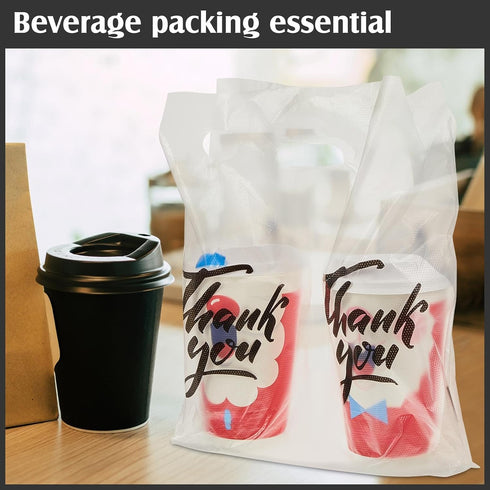 Packaging 2 Cups(1000 Handle Drinking Poly Bags Thank You Clear Plastic Bags, Drink Carrier with Handle Cup Carriers