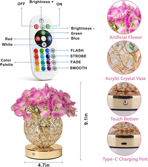 16 4 Dimmable Hydrangea Flower Lamp with Remote, Rechargeable Colors Changing Artificial Flower Table Lamp with Modes