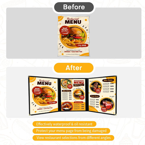 FLK Tech 10 Pack 3 6 8.5 11 Inch FLKQC Page Menu Covers, View x Clear PVC Menu Holder, Double Stitched Restaurant Menu