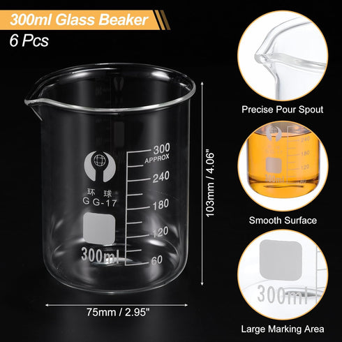 PATIKIL 300ml Low Form Glass Beaker, 6 Pack of 3.3 Borosilicate Glass Measuring Cups with Spout