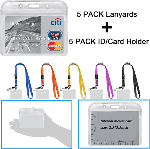YOUOWO 5Pack Neck Lanyards with Horizontal ID Badge Holder for Office Cruise Badges, Black Blue Yellow Orange Purple