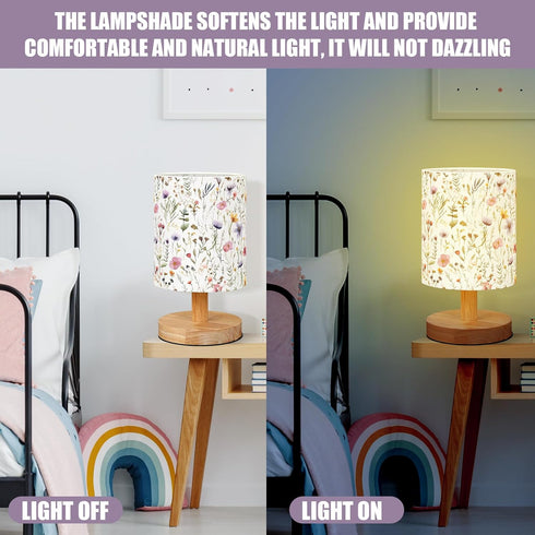 VIHOSE Wildflower Kids Table Lamp for Bedroom Kids Bedside Lamp with Linen Wooden Nightstand Cartoon Nursery Lampshade