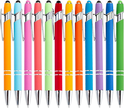 PASISIBICK 12 Pieces Rainbow Rubberized Ballpoint Pen with Stylus Tip, Premium Metal Pen (Pack of 12)