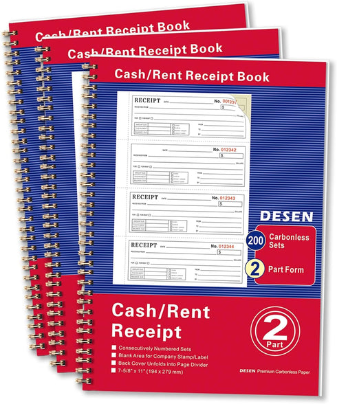 DESEN 2-Part Carbonless Money and Rent Receipt Book, 7-5/8" x 11", Spiral Bound,