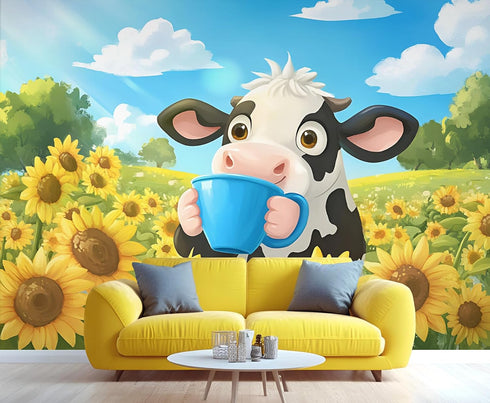 FELIAOQ Cartoon Dairy Cow Mural Wallpaper, Cute Dairy Cow Murals, Sunflower Flowers Murals,