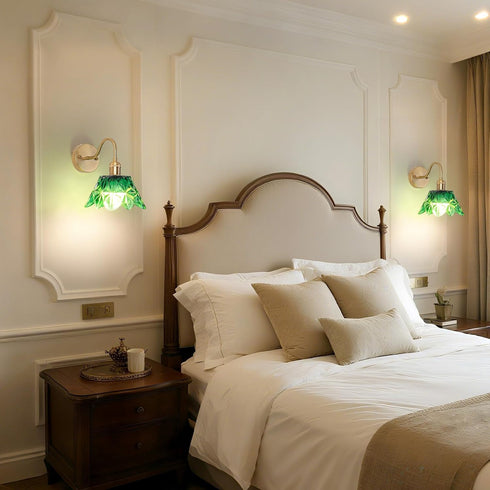 5000mAh Dimmable Vintage Battery Operated Wall Sconces, Rechargeable Wall Light, Wireless Green Flower Glass Lampshad
