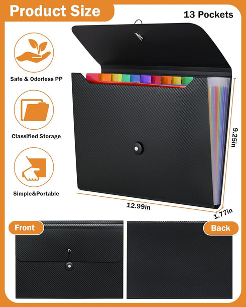 Cesil 2Pcs Accordion File Organizer, 13 Pockets, A4 Letter Size Document Receipt Holder for Home, Office, Classroom