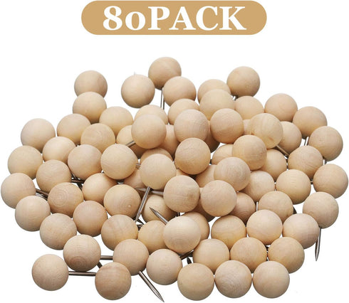 Wooden Push Pins Thumb Tacks for Cork Board, Round Head Map Pins with Steel Needle Point (White, 80 Pieces)
