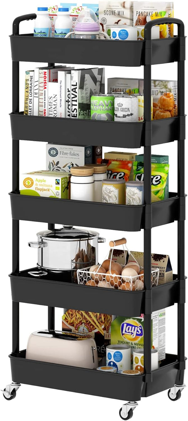 Sywhitta 5-Tier Plastic Rolling Utility Cart with Handle, Multi-Functional Storage Trolley for Office, Living Room,