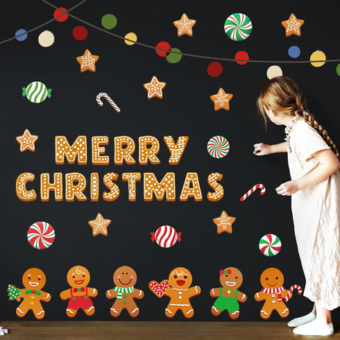 Whaline 76Pcs Merry Christmas Classroom Decoration Kit, Gingerbread Candy Cane Cutouts with Red White Stripes Border