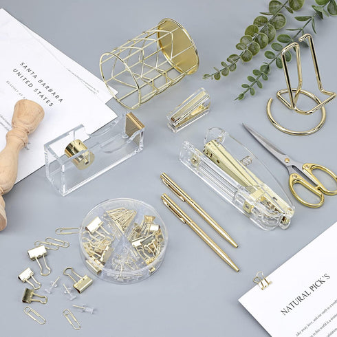 EOOUT Gold Office Supplies Set, Acrylic Stapler, Tape Holder, Phone Holder, Scissors, Binder Clips, Ruler, and More