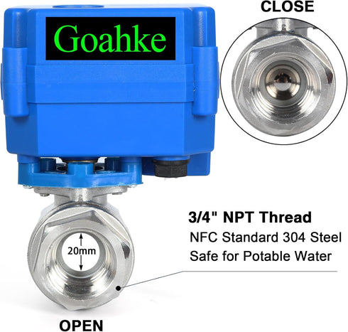 Motorized Ball Valve 3/4", Full Port Stainless Steel, 2 Wire Auto Return, Electric Shut Off, 9-24V AC/DC