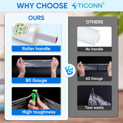 TICONN 5'' Stretch Wrap Film, 1000ft 80 Gauge Industrial Strength Clear Plastic Wrap with Handles for Shipping, Moving