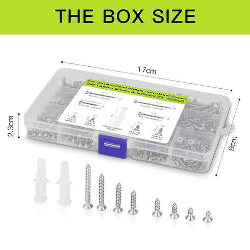 M3 Flat Head Wood Screws Assortment Fasteners Kit, 420pcs Phillips Drive Countersunk Head Self-Tapping Screws, 304