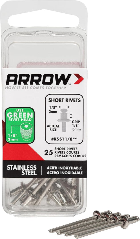 Arrow RSST1/8 Short Stainless Steel 1/8-Inch Pop Rivets, 25-Pack for Metal, Fabric, Leather
