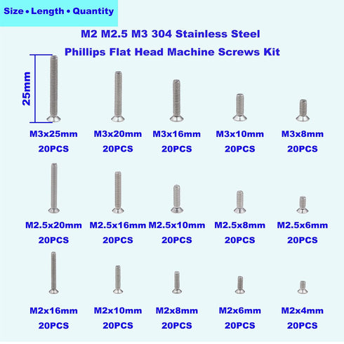M2 M2.5 M3 Stainless Steel Phillips Flat Head Machine Screws - Assortment Kit