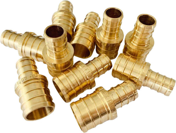 EFIELD Barb Crimp Pex 1/2 Inch x 3/4 Inch Reducing Coupling Brass Fitting, Pack of 10 (PEX1807012)