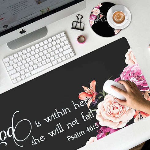 Large Gaming Mouse Pad, Extended Ergonomic Desk Pad, 31.5'' X 11.8', Stitched Edges, Peony Flower Psalm 46:5, Cup