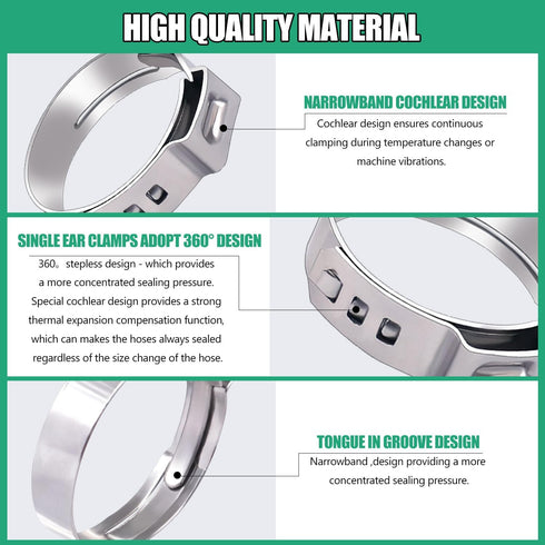 Twidec 48PCS PEX Cinch Clamps Kit, 5 Sizes, Stainless Steel Crimp Rings, Single Ear Hose Clamps for Pipe Fitting