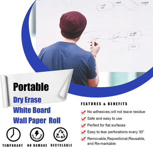 Static Whiteboard Wallpaper Roll - Portable Restickable Dry Erase White Board Wall Paper (16.5X196 in.) for Home