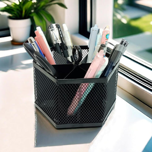 SETTFRFE Hexagon 360° Rotating Pen Organizer for Desk, 6 Compartments Mesh Pen Caddy, Black