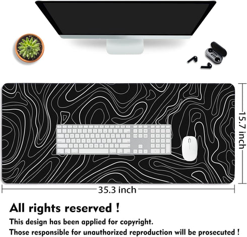 Large Topographic Mouse Pad, XXL Gaming Mousepad, Keyboard and Mouse Pad, Desk Mat, 35.3 x 15.7 in, Minimalist Contour