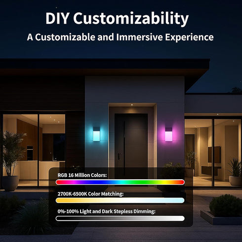 Fircestry 1500LM IP65 2 Pack Outdoor Wall Lights RGB, Smart Exterior Porch Sconces Wall Mounted Lighting, Waterproof