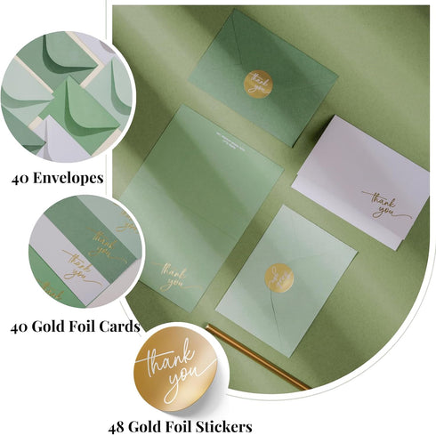 Pack 40, 5x3.5 Inch Gold Foil Thank You Cards - Bulk of with Matching Stickers & Envelopes (Green) Textured Surface
