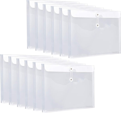 FANWU 12 Pack Plastic Letter Size Envelopes, Clear Poly Reusable File Folders with Button & String Tie Closure