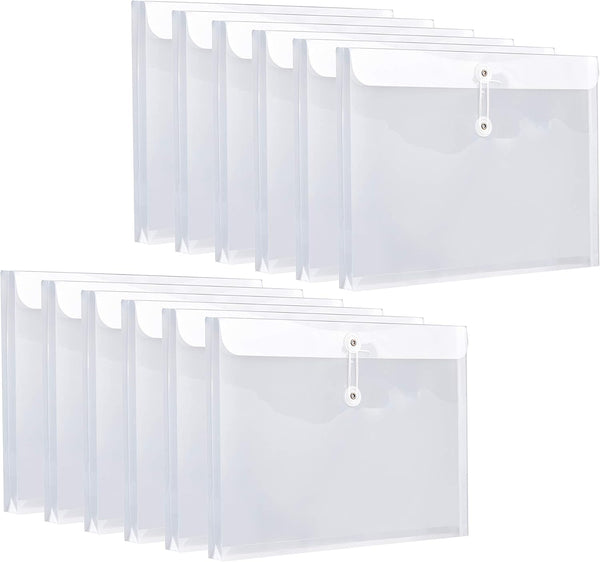 FANWU 12 Pack Plastic Letter Size Envelopes, Clear Poly Reusable File Folders with Button & String Tie Closure