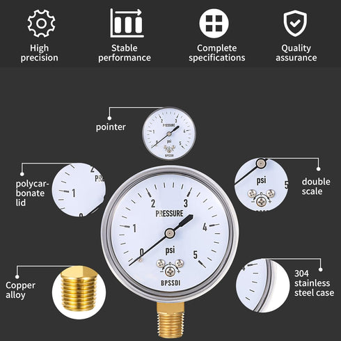 0-5 Psi Low Pressure Gauge, 2-1/2" Dial Size, 304 Stainless Steel Case, 1/4" NPT Lower Mount for Water Air Tire Test