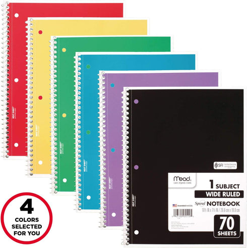 Mead Spiral Notebook, 4 Pack, 1-Subject, Wide Ruled Paper, 7-1/2" x 10-1/2", 70 Sheets per Notebook, Colors Will Vary (72873) by Mead